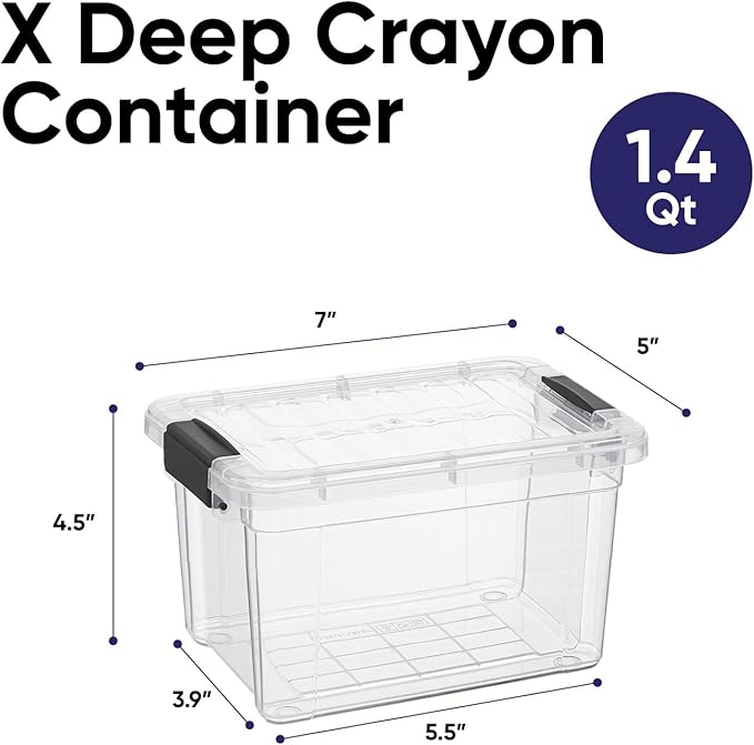 Superio Mini Storage Container Plastic Crayon Box Art Supplies and Sewing Case Stackable Clear Small Organizer for Beads, Stationery, Chalk, and Food, 1.4 Quart