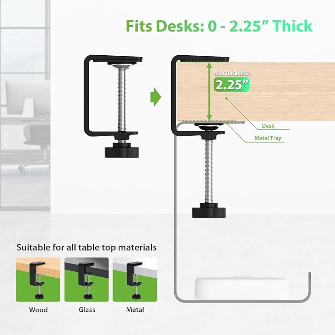 KEEGH 16" Under Desk Cable Management Tray, No Drill Clamp Mount, Desk Cord Organizer Upgrade Capacity, Cord Management Tray for Home Office, Gaming Desk, Standing Desk, Black, 2 Pack