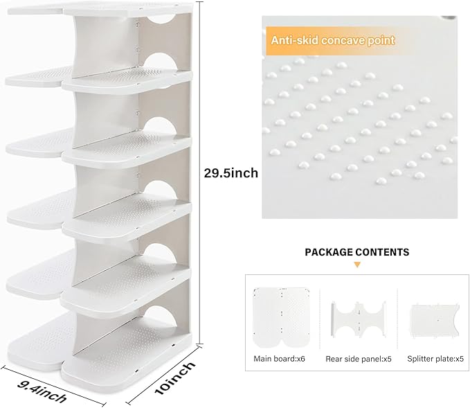 6-Tier Narrow Shoe Organizer, Adjustable Cubby Shoe Rack for Closet, Free Standing Shoe Slot Tower for Entrance, Stackable Space-Saving Shoe Storage Shelf for Entryway, White