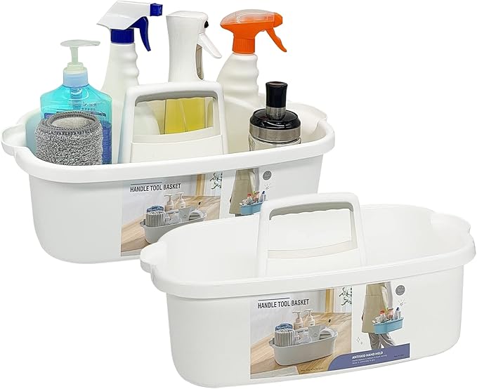 Goderewild 2 Pack Multi-Purpose Plastic Cleaning Caddy with Handle, Shower Caddy Organizer/Storage Basket/Totes Portable for Bathroom Supplies, Cleaning Products, Under Sink Tool, Housekeepers(White2)