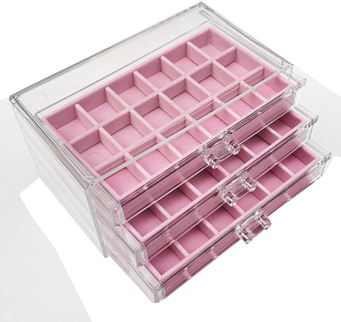 YUFONG Earring Organizer Box Acrylic Jewelry Organizer with 3 Drawers 54 Adjustable Grids Clear Stackable Earring Holder Velvet Trays Ring Display Case for Women Girls (Pink)