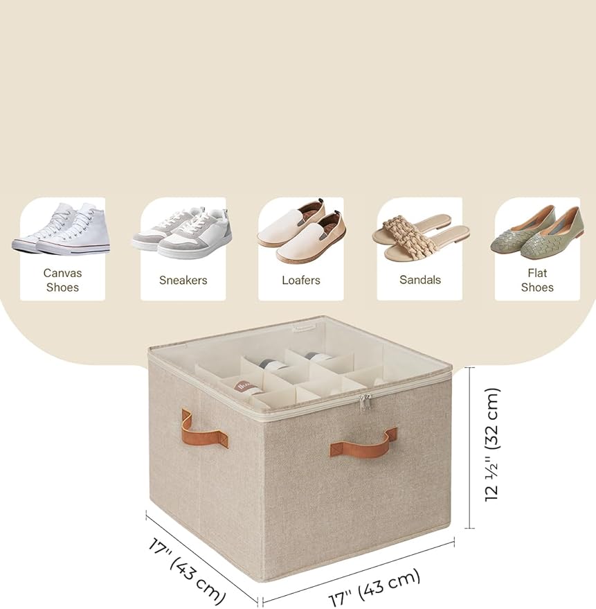 StorageWorks Shoe Organizer for Closet, Shoe Cubby Storage Containers with Adjustable Dividers and Clear Cover, Foldable Shoe Storage Box for Sandals, Sneakers, Fits up to 16 Pairs, Taupe | Fits up to 16 Pairs