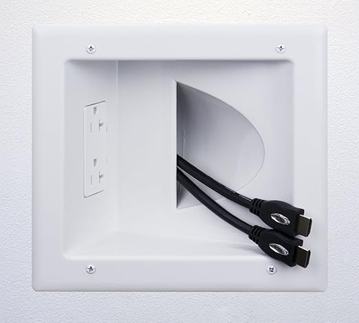 DATA COMM Electronics 45-0032-WH Commercial Grade Recessed AV/HDMI Cable Conceal Plate, 20 Amp Dual Power Receptacle, White – Low Profile, Large Cable Pass-Through, Secure Drywall Mounting