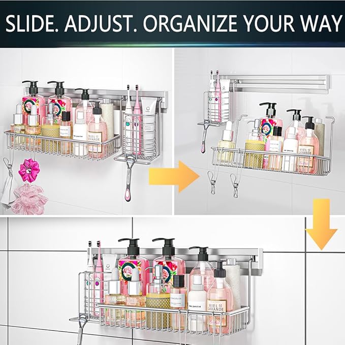 Adhesive Shower Caddy, Shower Organizer with Sliding Rail