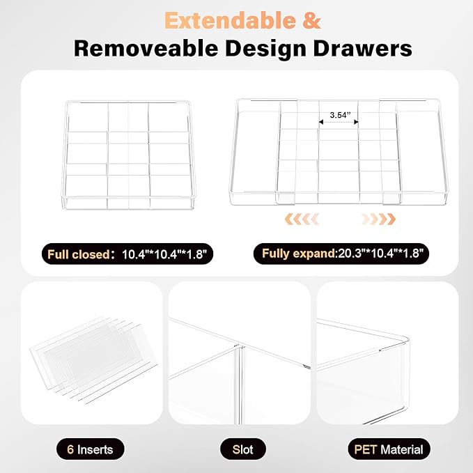 Acrylic Expandable Desk Drawer Organizer with 11 Adjustable Compartments and 6 Removable Dividers Desk Accessories for Office Kitchen Bathroom Makeup and Utensil Junk Storage (Clear, 2Pcs)