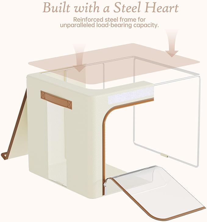 Clothes Storage Bins with Metal Frame, 3 Pack,Beige,66L