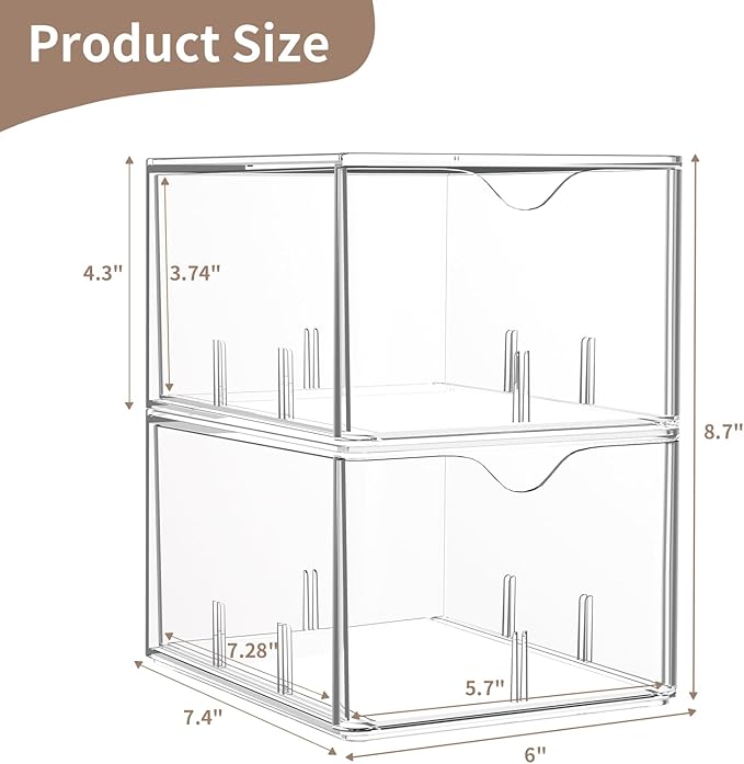 4 PCS Clear Stackable Storage Drawers with Adjustable Dividers, 6 Compartments Large Tea Bag Organizers, Acrylic Food Storage Bins for Pantry, Kitchen Cabinet, Fridge, Sugar & Spice Packets, Snacks