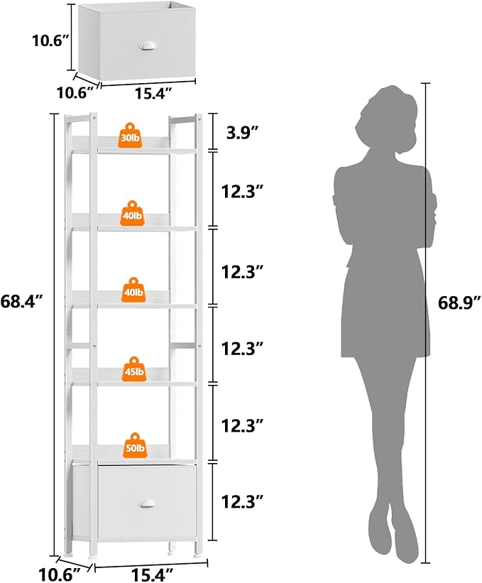 6 Tier Bookshelf, Tall Shelf with Drawer, White