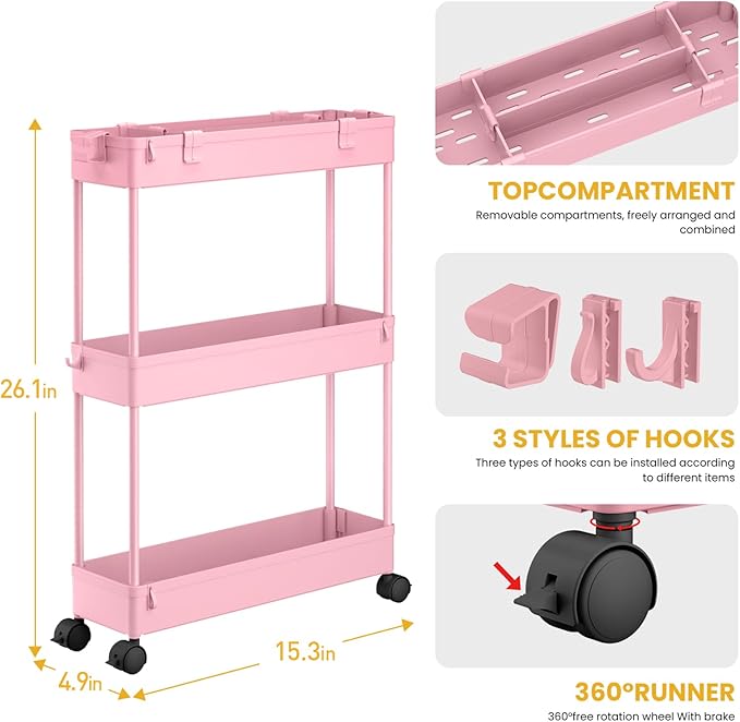 Slim Storage Cart 3 Tier, Bathroom Organizer Rolling Utility, Pink