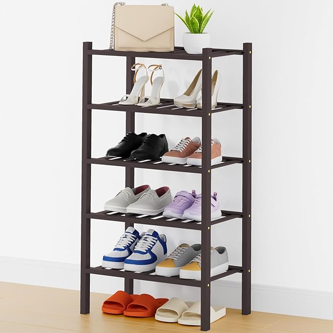 Smiry Small Bamboo Shoe Rack, 5 Tier Free Standing Wooden Shoe Organizer, Stackable Wood Shoe Storage Shelf for Closet, Entryway, 14 Vertical Slats, 2+2+1 Stack Thicker Legs, 17.3"x11"x32.5", Brown