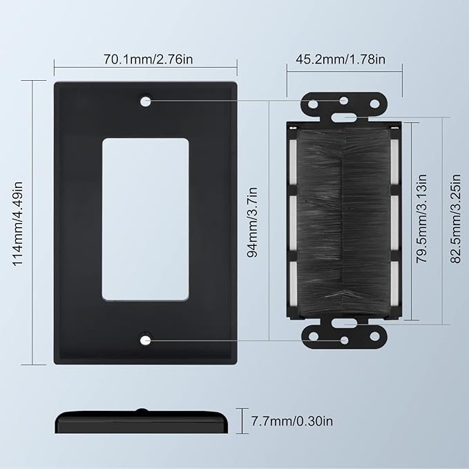 VCE Brush Wall Plate with Low Voltage Box, Decorator Wall Cover with Low Voltage Mounting Bracket for Wall-Mount TV, 3-Pack (Black+Black)