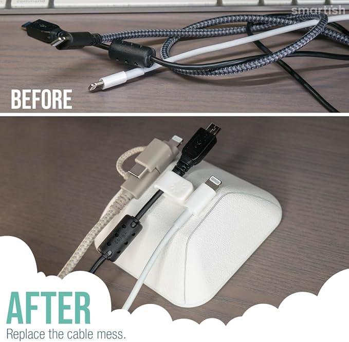 Smartish® Magnetic Cord Holder - Cable Wrangler Organizer with Magnet Clips for Charger Management on Desktop, Nightstand for USB-C + Lightning - Snow Day White