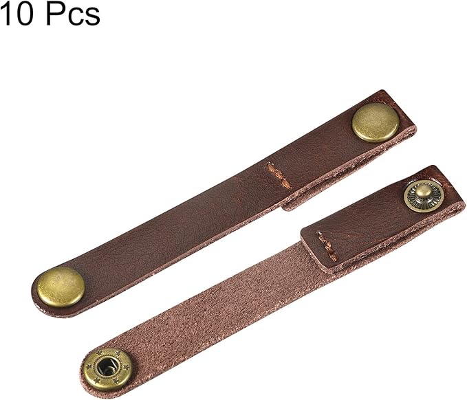 MECCANIXITY Pack of 10 Leather Cable Straps Cord Organizer 90x12mm Portable Cable Leather Clips Brown Earphone Cord Management for Cable, Wire