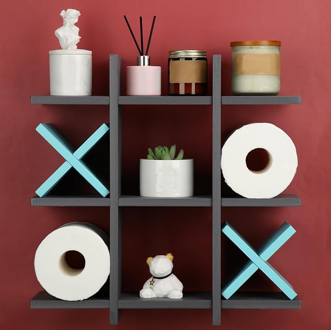 Weysat Tic Tac Toe Toilet Paper Holder Stand Bathroom Wall Decor Rustic Wooden Hanging Storage Freestanding Wall Mounted Shelves Decor for Toilet Tissue Farmhouse