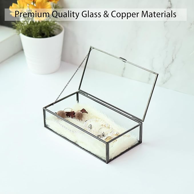 HighFree Vintage Glass Box with Lid - Clear Jewelry Glass Display Box Keepsake Box - Home Decor Decorative Box for Trinket Rings Bracelet (Black, Medium)