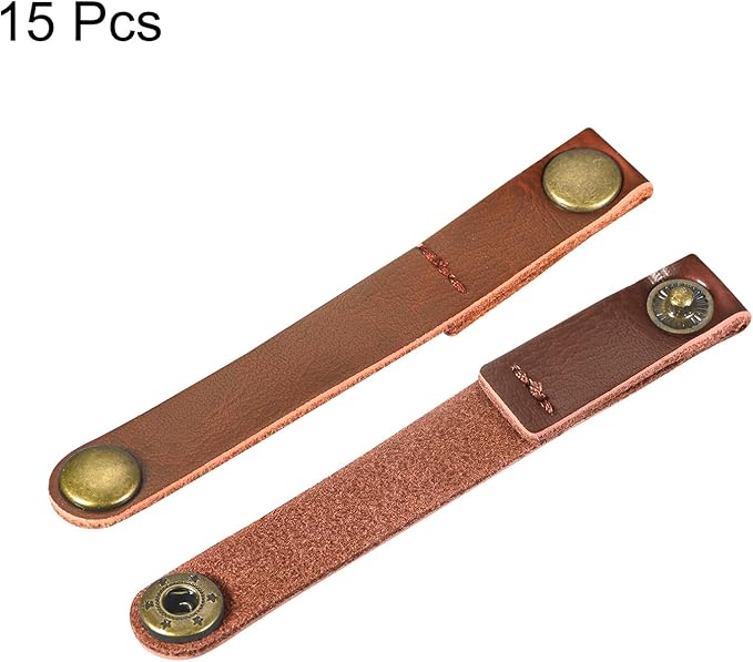 MECCANIXITY Pack of 15 Leather Cable Straps Cord Organizer 90x12mm Portable Cable Leather Clips Light Brown Earphone Cord Management for Cable, Wire