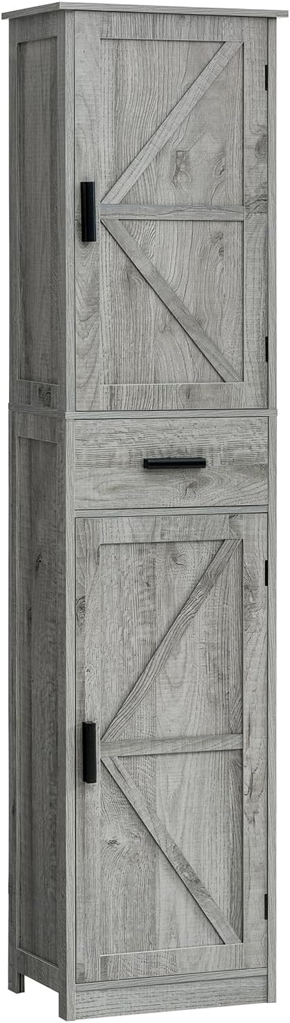 Tall Bathroom Cabinet, Storage Cabinet with 6 Shelves & Drawer, Grey
