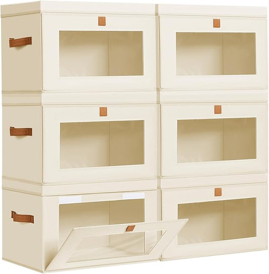 DIMJ Storage Bins with Lids - 6 Pack Large Fabric Closet Organizer with Window & Handles, Collapsible Decorative Storage Boxes for Shelves Under Bed, Books Clothes Blankets Sweaters Organization