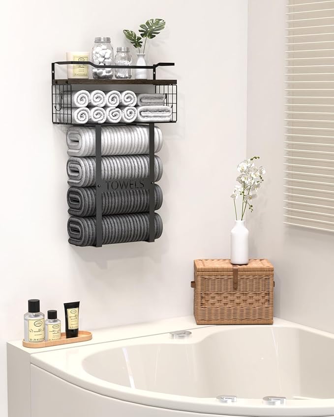 Rustic Brown Wood Vertical Towel Rack, Bath Wall Holder Set Above Toilet Storage
