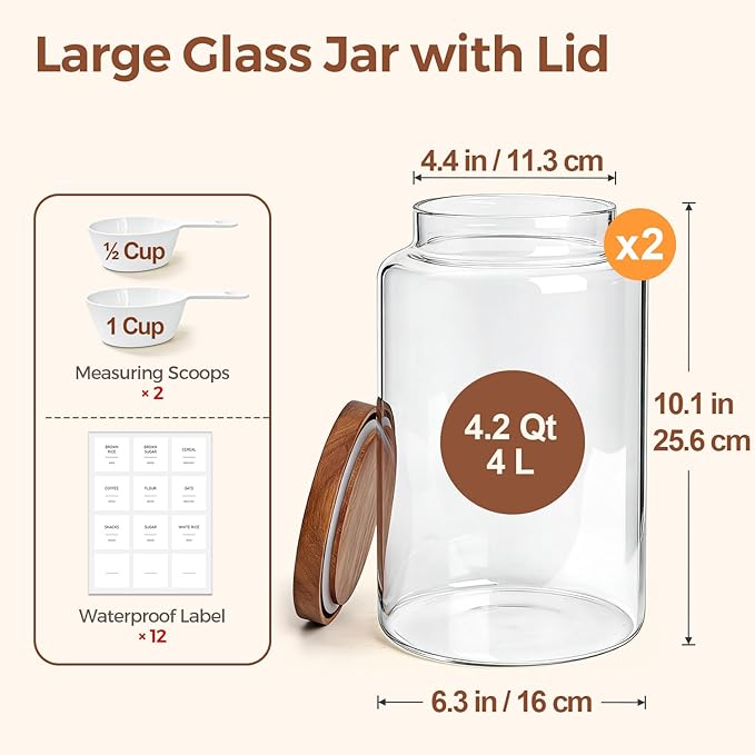 2Pcs (4.2Qt) Wide-Mouth Flour Sugar Storage Containers, Include Scoops & Labels