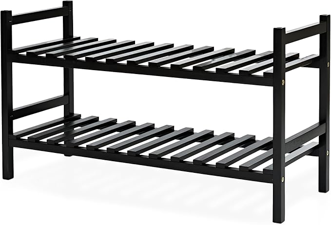 PJ Wood Stackable Wooden Shoe Rack Organizer for Closet Storage, Entryway Shelves, Tiered Cabinet for Shoes, 6 Pair Capacity, Black