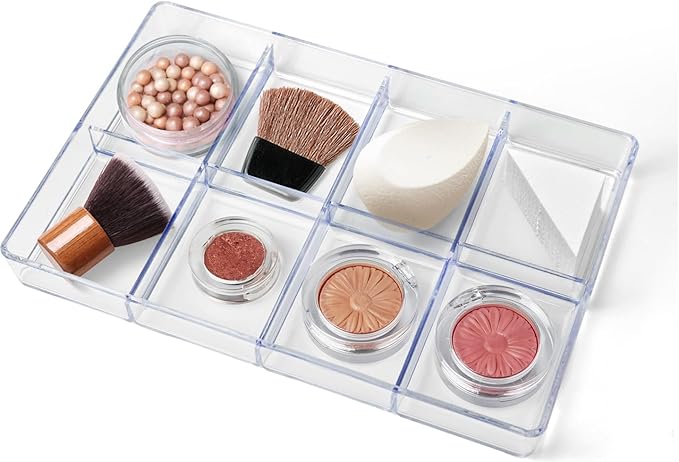 carrotez Small Stackable Jewelry Organizer Tray, 8 Grid, Clear Plastic Drawer Organizer for Makeup, Accessories, Desk, Vanity