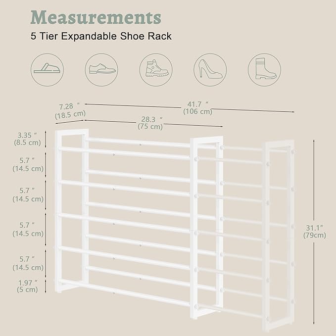 5-Tier Expandable Shoe Rack, White, 5 Tier