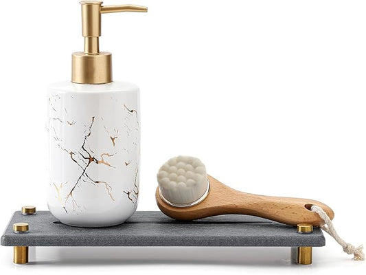 Kitchen Sink Caddy Water Absorbing Stone Drying Tray, Dark Gray Gold 10" x 4"