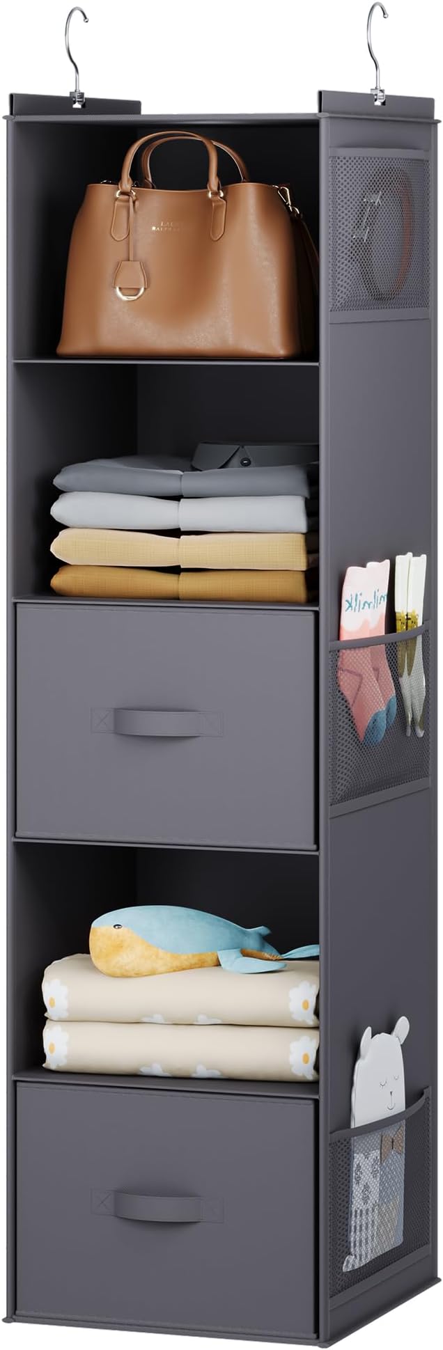 YOUDENOVA Hanging Closet Organizer, 5 Tier Hanging Closet Shelves with 6 Side Pockets and 2 Drawers, Dark Grey