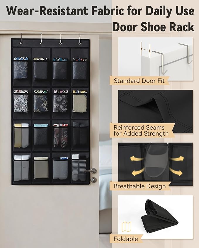 dodowin Over the Door Shoe Organizer Rack, 16 Large Breathable Mesh Pockets, Foldable Hanging Storage Holder for Closet Door, Space Saving Shoe & Accessory Organizer with 4 Metal Hooks, Black