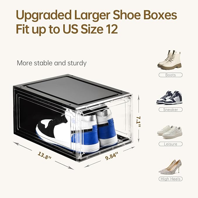 Amllas 10 Pack Shoe Boxes Stackable,Upgraded Sturdy Storage Boxes with Clear Magnetic Door,Multifunctional Sneaker Organizer Fit up to US Size 12 (13.8”x 9.84”x 7.1”)