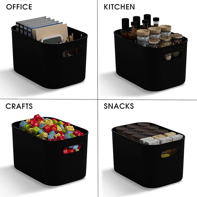 ORGIDOL 12 Pack Black Plastic Storage Bins, Storage Container for Organizing, Storage Boxes with Handle for Shelves, Cute Organizer Bins for Craft, Snacks, Pantry, Cabinet, 8.7x6.7x5.66inch