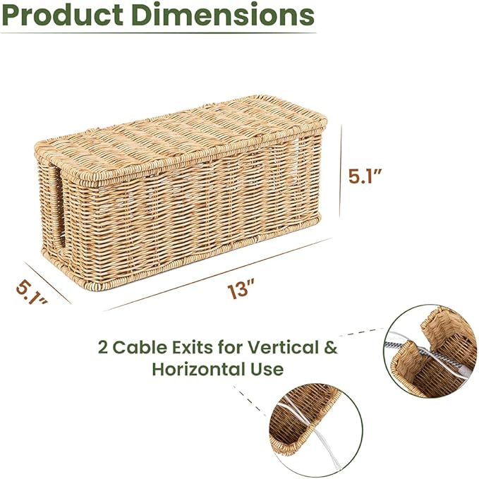 Cable Management Box, Handmade Rattan Cable Organizer with 2 Open Slots, Natural