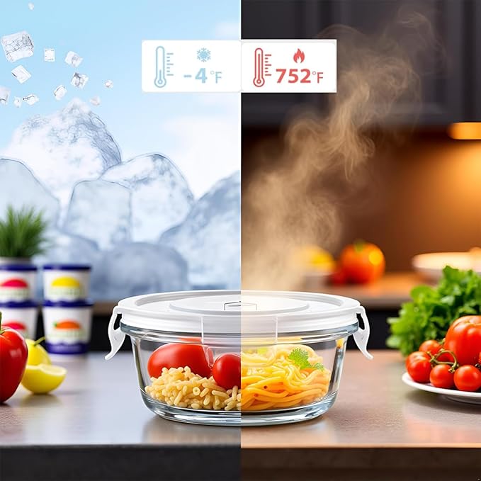 1.5 Cup Round Glass Food Containers with Lids and Folding Spoon, BPA Free Small Round Glass Lunch Containers, 12oz Food Container for Office Meal, Oven, Freezer and Dishwasher Safe (4Pack)