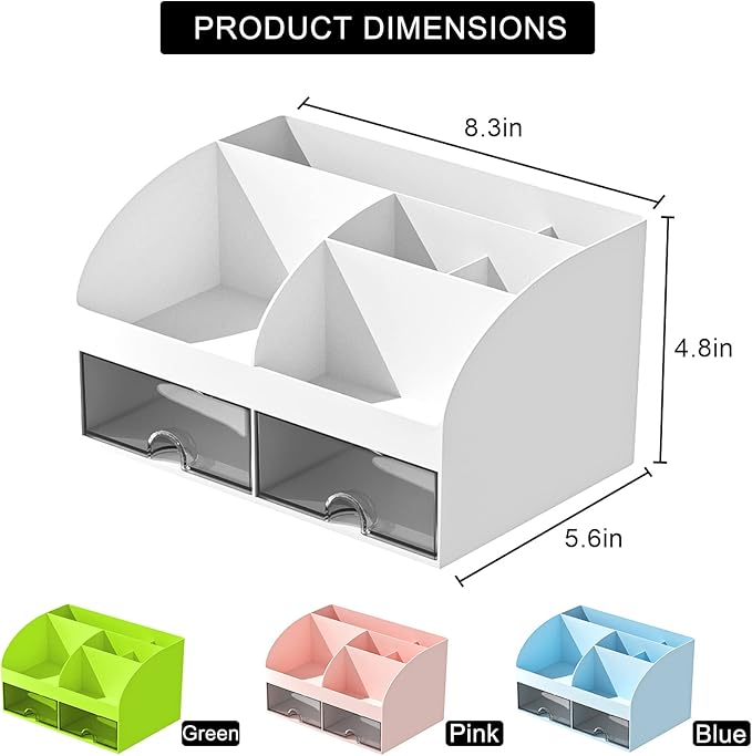 COMFYROOM Desk Organizer with 6 Compartments and 2 Drawers, Plastic Makeup Organizer, Pen Holder for Desktop Storage, Desk Organization for School, Home, Office Supplies (White-2Pack)