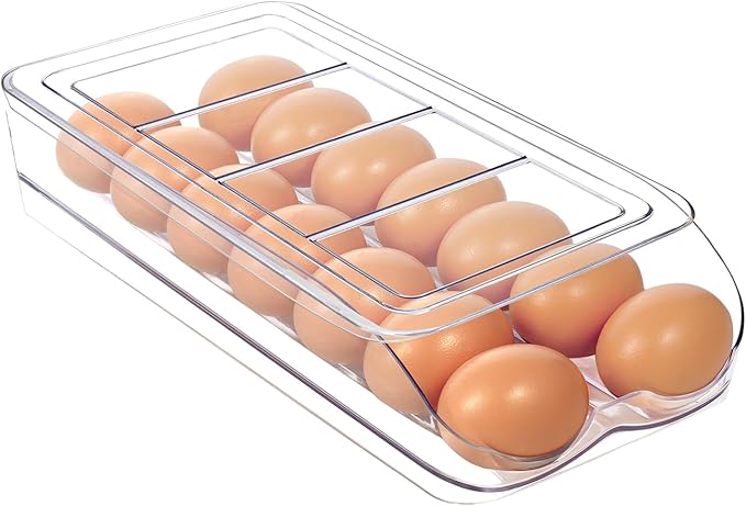 MesRosa Egg Holder for Fridge, Automatic Rolling Egg Organizer for Refrigerator, Clear Plastic Egg Container & Tray, Stackable Dispenser and Storage with Sturdy Lid to Saving Space -1 Layer