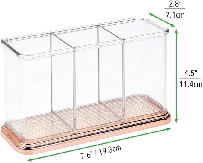 mDesign Plastic Organizer Cup Holder, Divided Storage Organizer for Desks, Office, Tables, Workspaces - Stores Pen, Pencils, Markers, Scissors - 3 Sections - Clear/Rose Gold