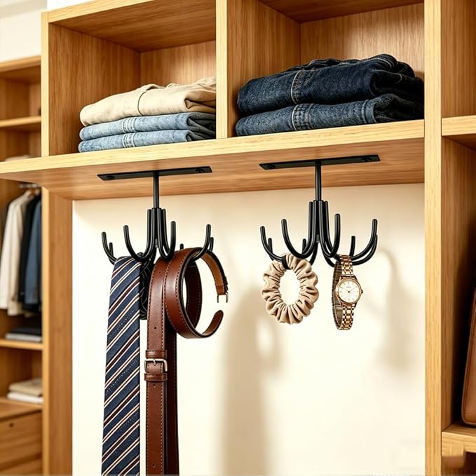 Metal Under Cabinet Kitchen Utensil Hooks,360° Rotating Kitchen Utensil Rack with 8 Hooks,Drilling Free Adhesive Utensils Hanging Rack for Tools/Towel/Knife (Black)