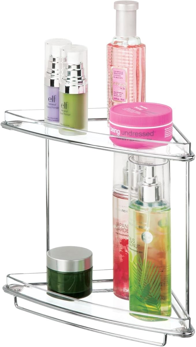 mDesign Steel/Plastic Freestanding Countertop Corner Shelf Organizer with 2-Tier Storage for Bathroom, Vanity, Cabinet, Counter - Holds Makeup, Bath Gel - Prism Collection - Clear