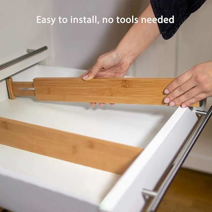 Drawer Divider 6 Pack, Bamboo Kitchen Dividers Organizers Adjustable 17''-22''