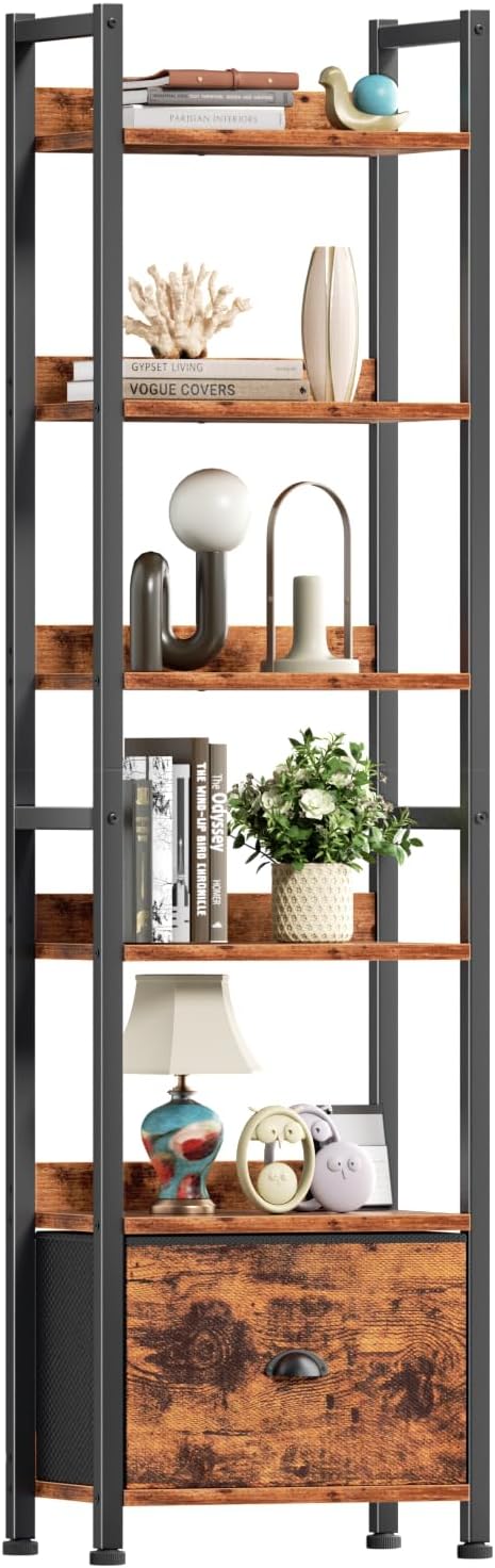 6 Tier Bookshelf, Tall Shelf with Drawer, Rustic Brown