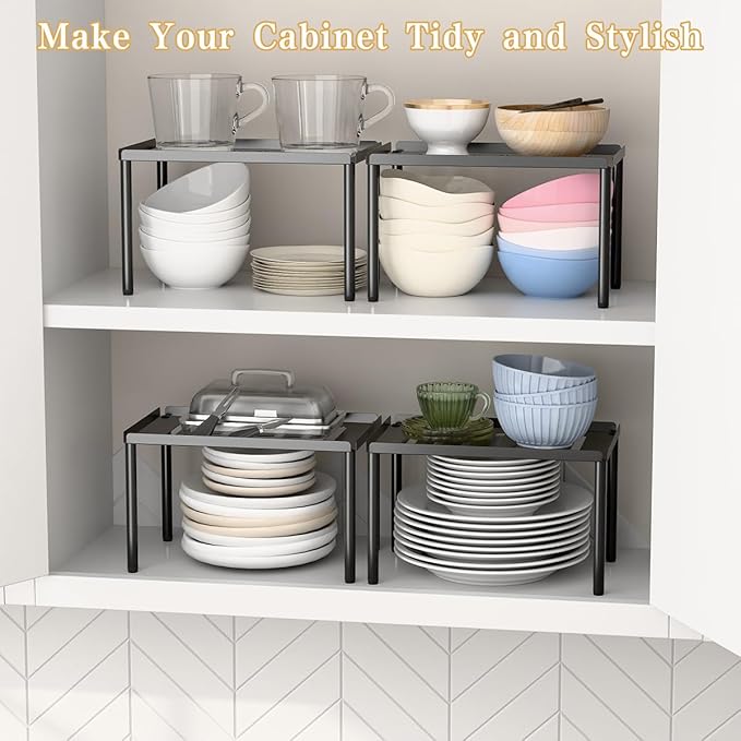 Cabinet Organizer Shelf, 2 Tier Kitchen Cabinet Organizer with Stackable Cabinet Shelves for Kitchen Countertop Storage, Metal Kitchen Shelf Organizer for Spice, Pantry & Under Sink