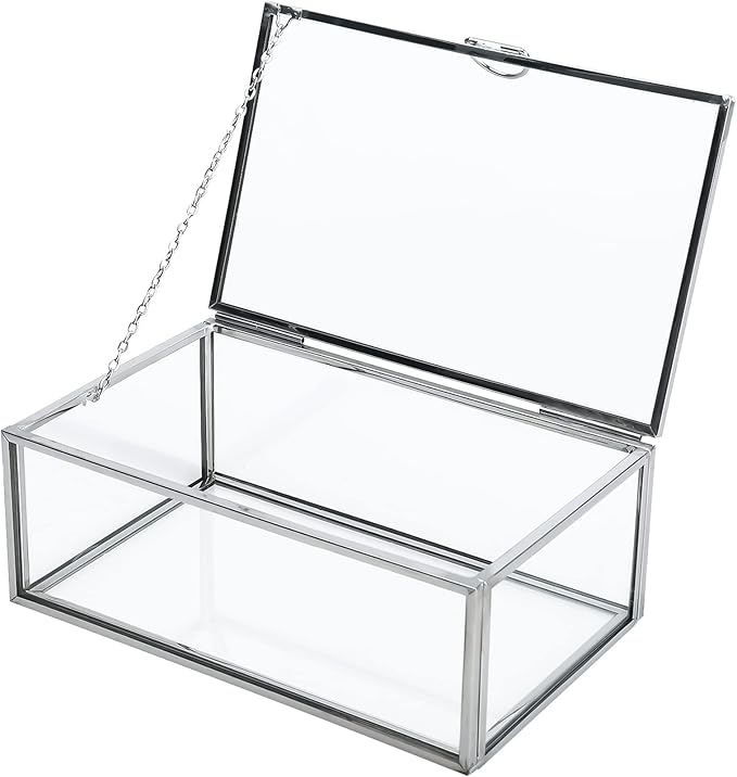 HighFree Vintage Glass Box with Lid - Clear Jewelry Glass Display Box Keepsake Box - Home Decor Decorative Box for Trinket Rings Bracelet (Silver, X-Small)