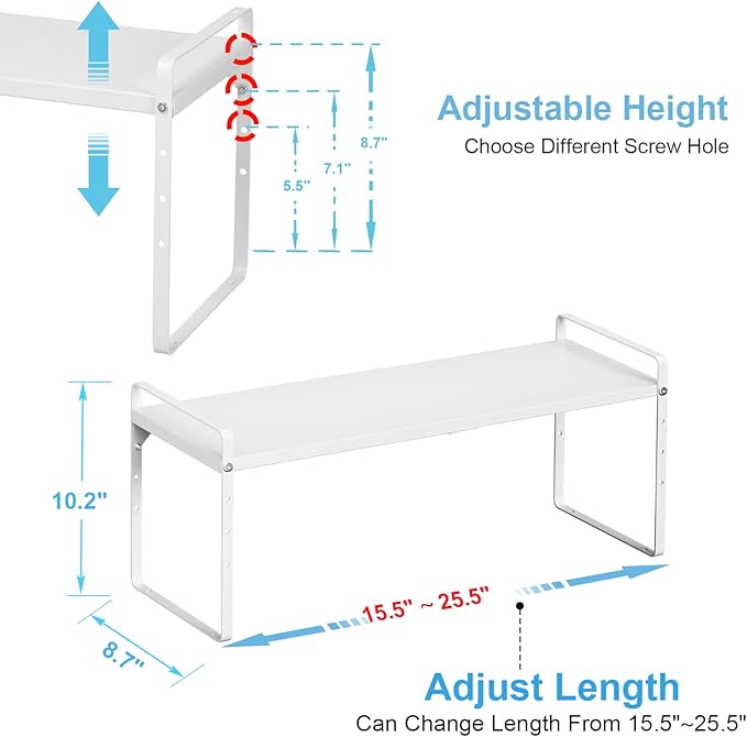 15.5 to 25.5 Inch Kitchen Cabinet Shelf Organizers, Adjustable Kitchen Counter Shelf Organizer, Set of 4 Expandable Countertop Storage Shelves, Stackable Design, 30LBS Heavy Duty, Space Saver