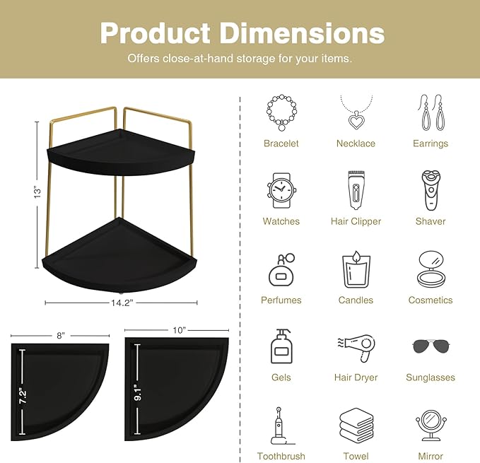Black and Gold Corner Bathroom Counter Organizer