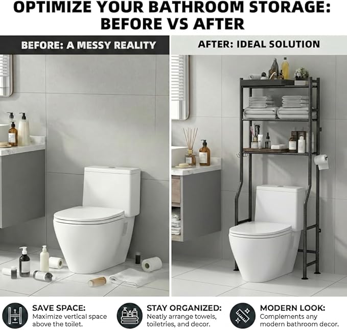 GloTika 3-Tier Over Toilet Storage with Anti-Tilt Safety System - 150lb Total Capacity Metal Bathroom Shelves Including Paper Holder & 4 Hooks, Space Saving Above Commode Organizer (64" H, Snow Black)