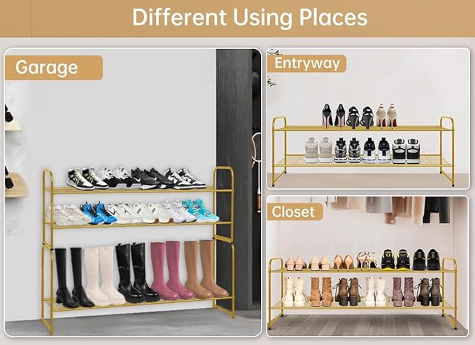 2-Tier Long Shoe Rack for Closet Metal Shoe Organizer for Entryway, Gold