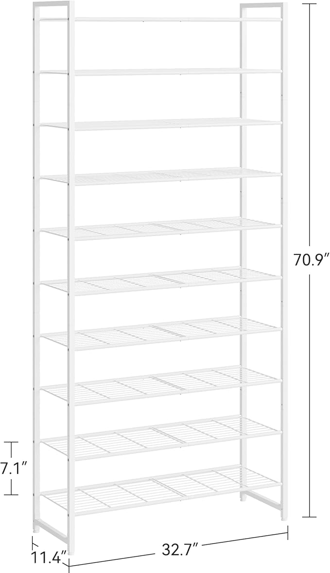 Nunsino Shoe Rack for Closet, Metal Shoe Organizer, 10 Tier Garage Shoe Rack Max Holds 50 Pairs,Shoe Storage Shelf,Entryway,White