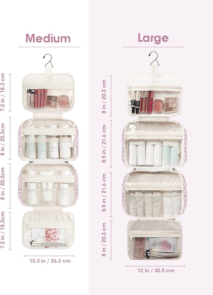Narwey Travel Toiletry Bag for Women Large Hanging Makeup Bag Organizer Toiletries Bag for Full Size Essentials Accessories Cosmetics (Pink Flower (Large))