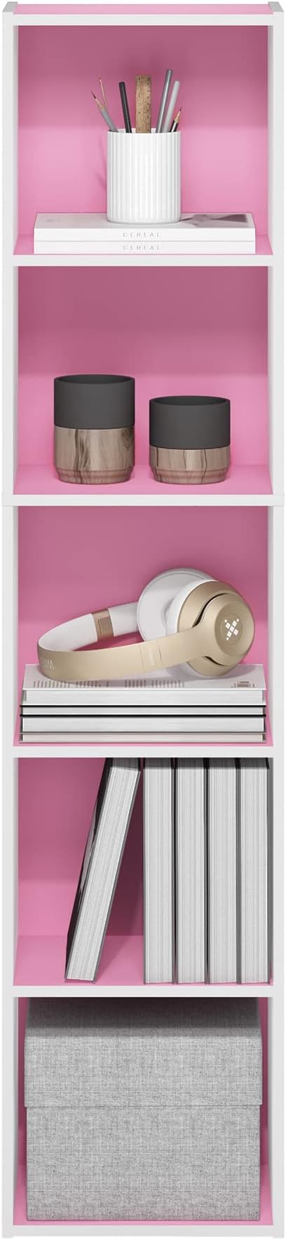 Furinno PASIR Book Shelf, 5-Tier Modern Bookshelf, Pink/White